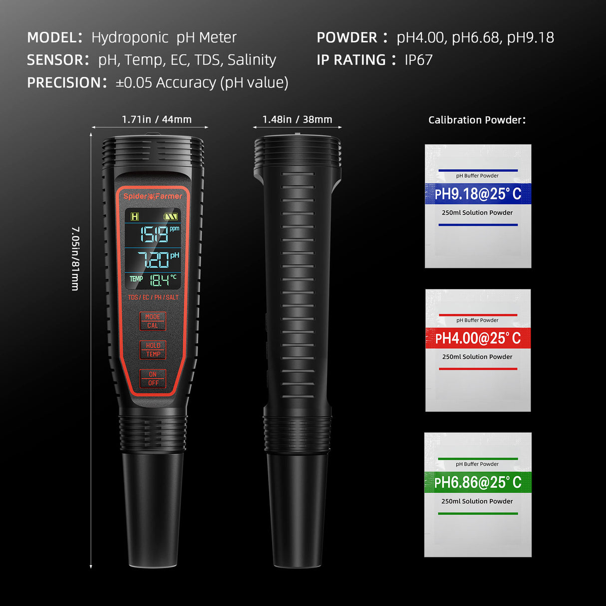 Spider Farmer  Hydroponic pH meter with calibration powder packets on a black background