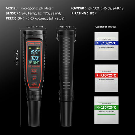 Spider Farmer  Hydroponic pH meter with calibration powder packets on a black background