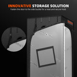Innovative storage solution with a door and side buckle on a black background