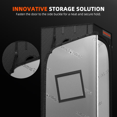 Innovative storage solution with a door and side buckle on a black background