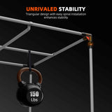 grow tent frame with a 120 lbs kettlebell, emphasizing stability and design on a black background.