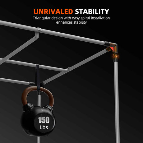 grow tent frame with a 120 lbs kettlebell, emphasizing stability and design on a black background.