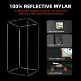 Black grow tent with reflective mylar material, featuring text and images of features.