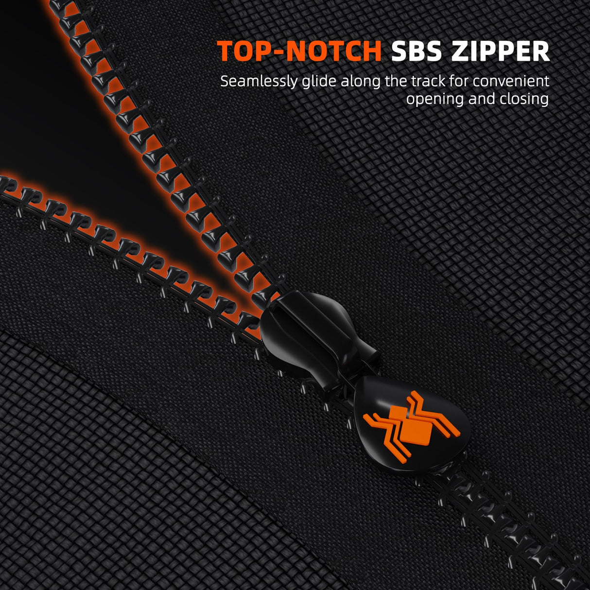 Top-notch SBS zipper with black and orange design on a textured black background