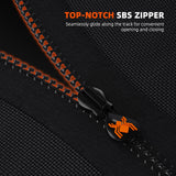 Top-notch SBS zipper with black and orange design on a textured black background