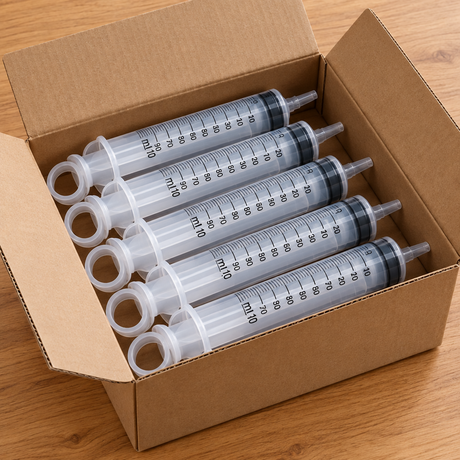 Five clear plastic syringes arranged inside an open brown cardboard box on a wooden surface.
