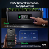 Smart indoor garden system with digital display and app control features.