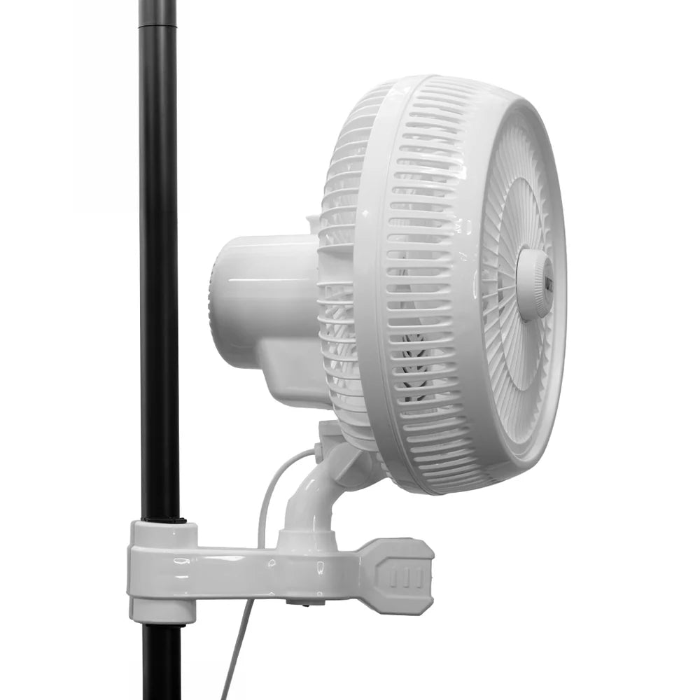 A white wall-mounted oscillating fan attached to a black pole with a white clamp, shown against a plain white background.