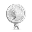 A white VORTEX clip fan with a circular head, protective grille, and adjustable stand, shown against a plain white background.