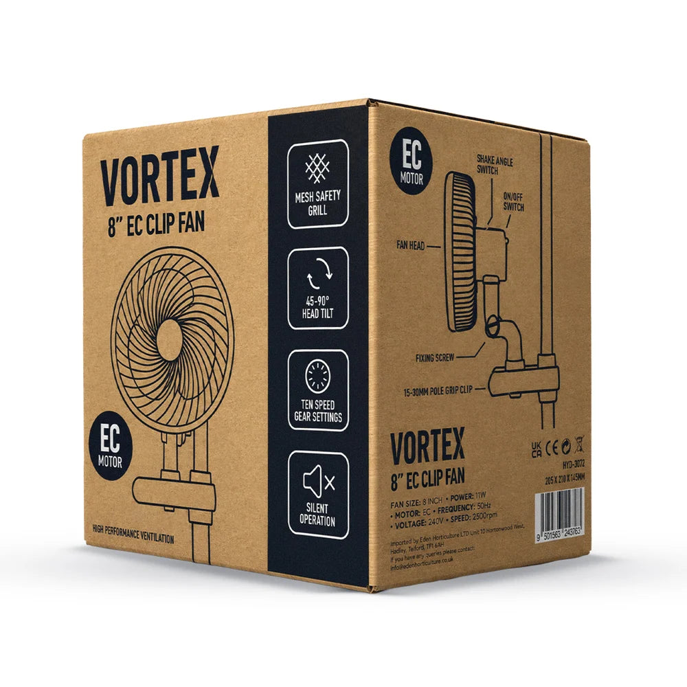A brown cardboard product box for a VORTEX 6-inch EC clip fan, featuring black printed graphics and text detailing the fan features and a side-view diagram.