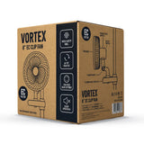 A brown cardboard product box for a VORTEX 6-inch EC clip fan, featuring black printed graphics and text detailing the fan features and a side-view diagram.