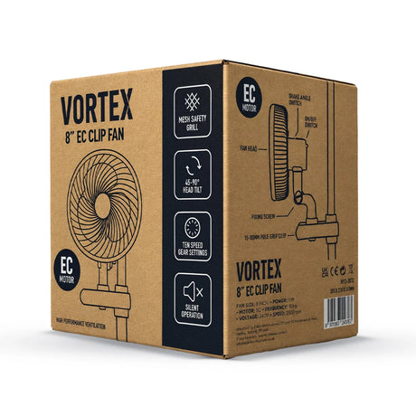 A brown cardboard product box for a VORTEX 6-inch EC clip fan, featuring black printed graphics and text detailing the fan features and a side-view diagram.