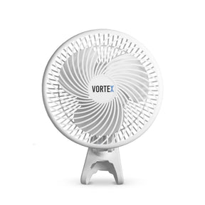A white VORTEX EC clip fan with a circular grille and stand, shown against a plain white background.